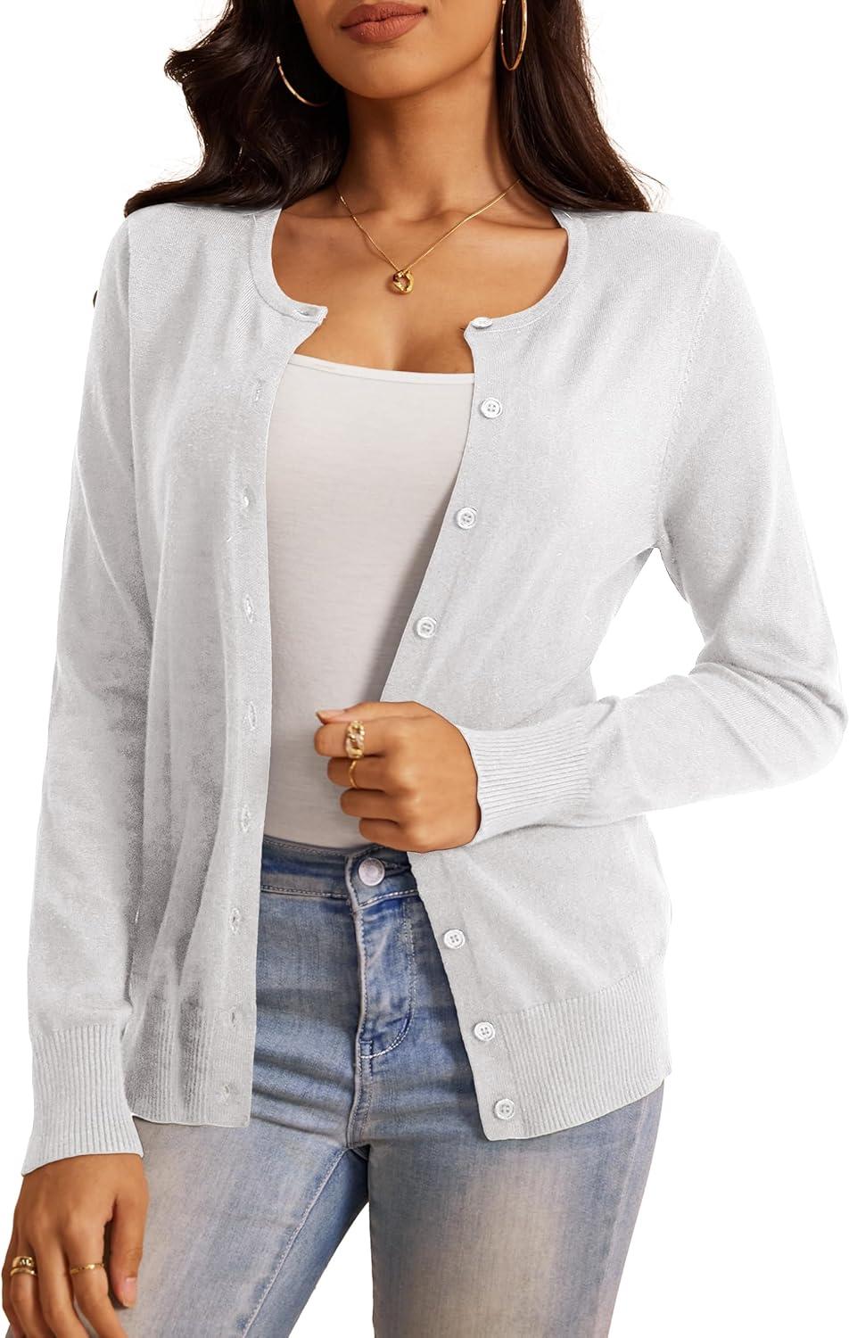 imageaJesdani Womens Button Down Crew Neck Long Sleeve Soft Knit Cardigan Sweaters01cwhite