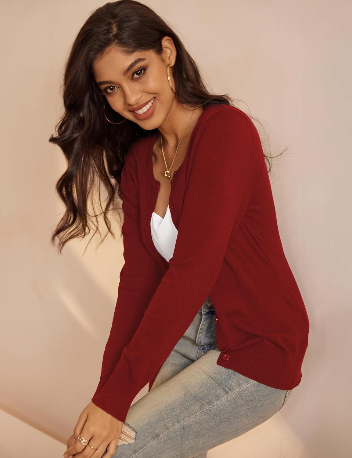 imageaJesdani Womens Button Down Crew Neck Long Sleeve Soft Knit Cardigan Sweaters01dburgundy