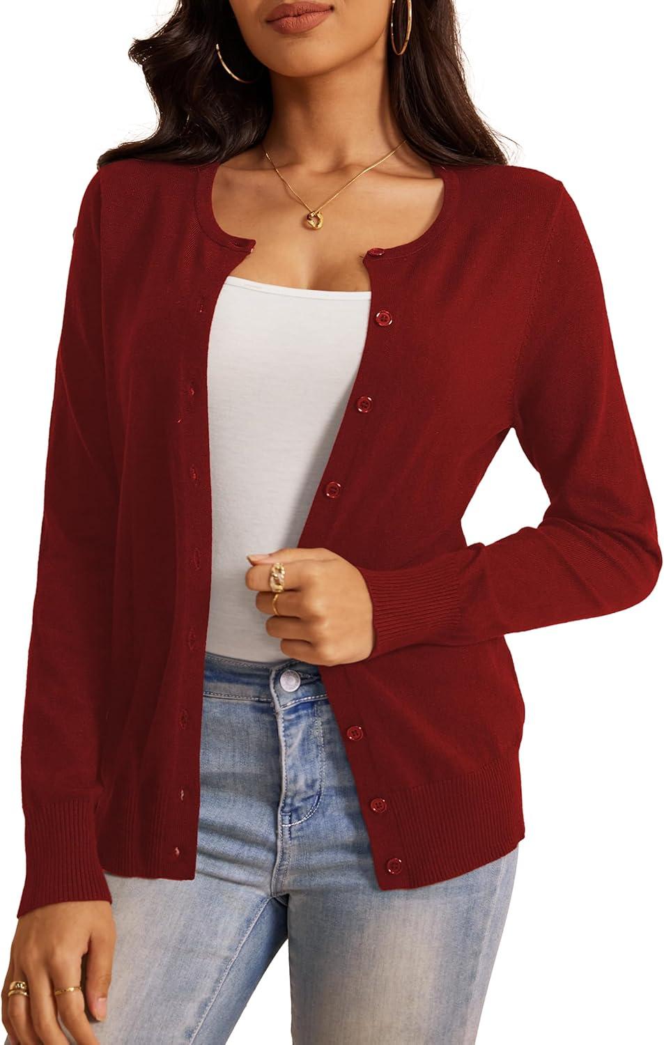 imageaJesdani Womens Button Down Crew Neck Long Sleeve Soft Knit Cardigan Sweaters01dburgundy