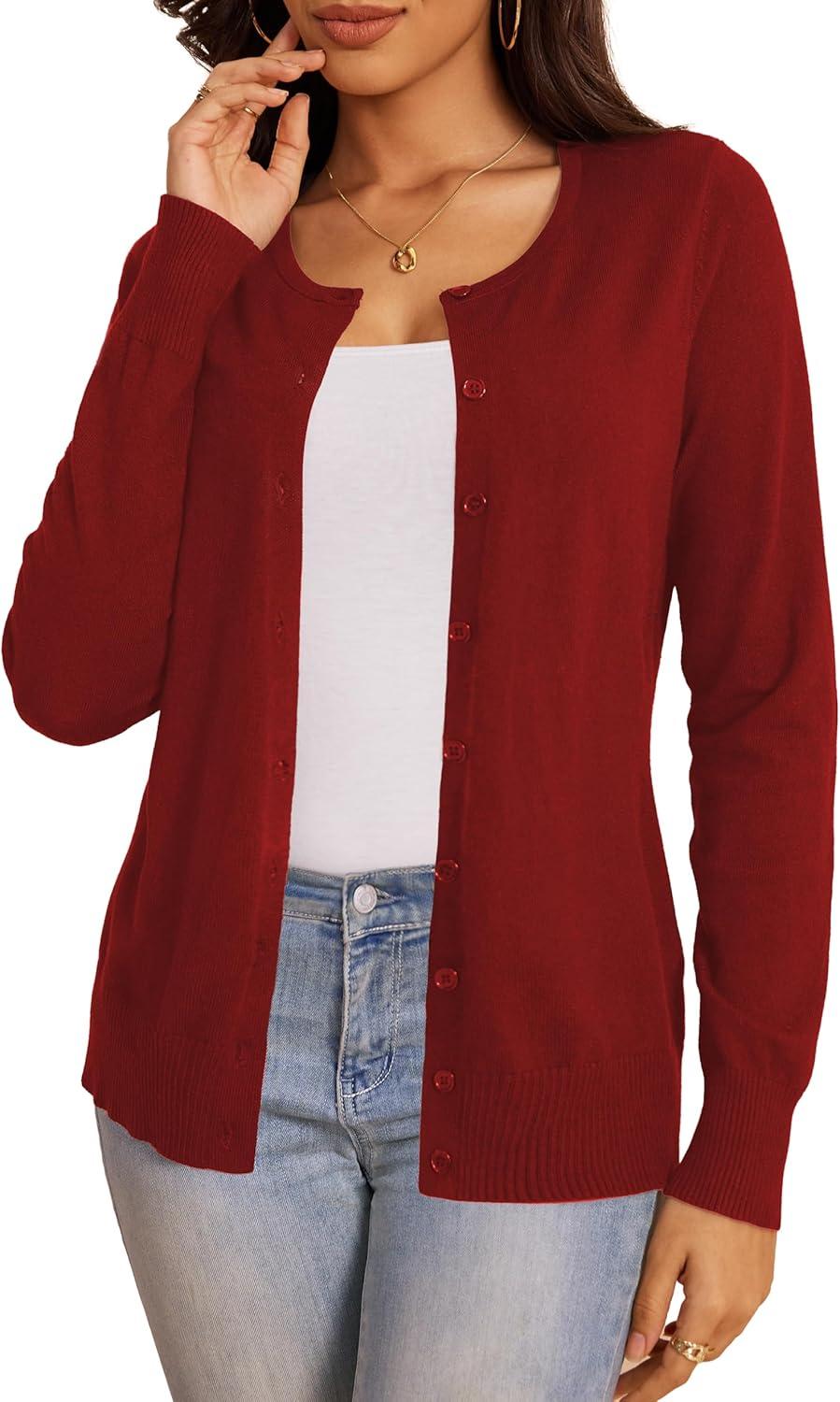 imageaJesdani Womens Button Down Crew Neck Long Sleeve Soft Knit Cardigan Sweaters01dburgundy