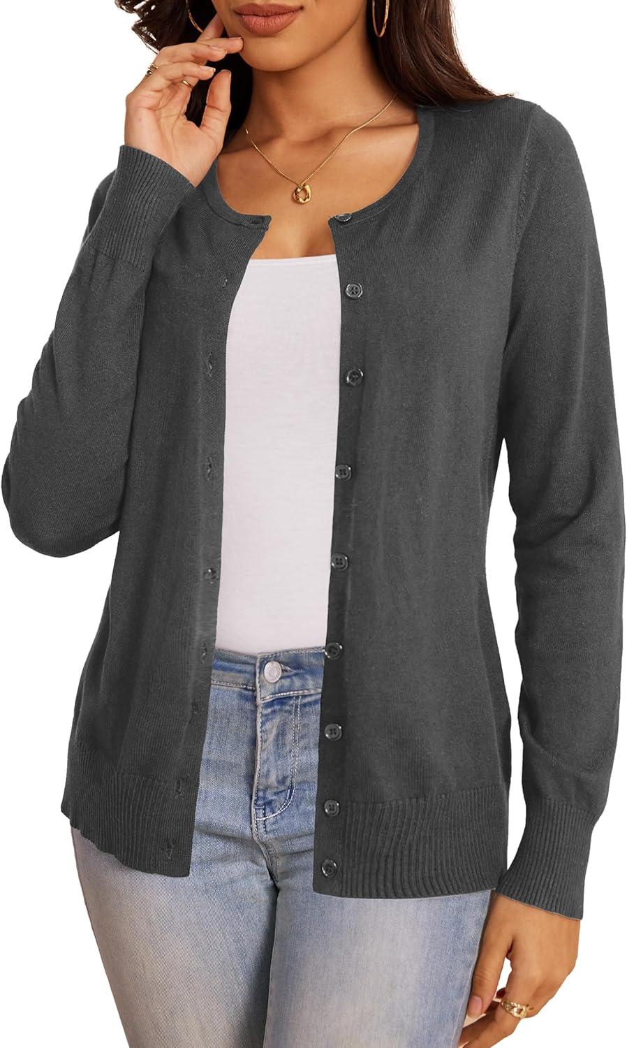 imageaJesdani Womens Button Down Crew Neck Long Sleeve Soft Knit Cardigan Sweaters01echarcoal Gray