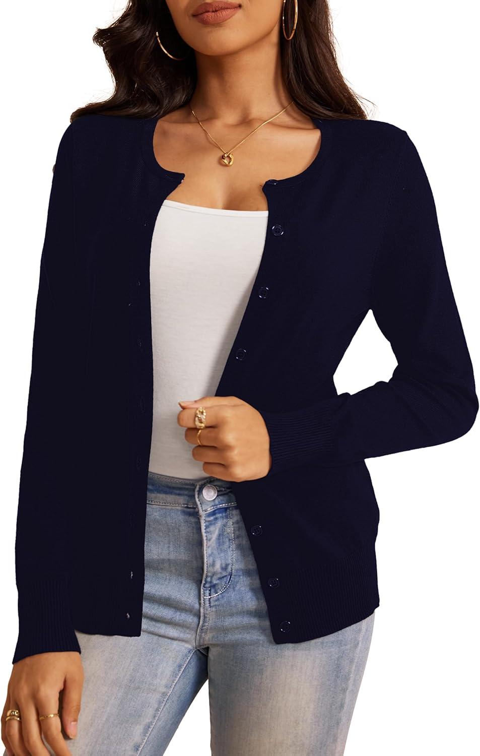 imageaJesdani Womens Button Down Crew Neck Long Sleeve Soft Knit Cardigan Sweaters01enavy