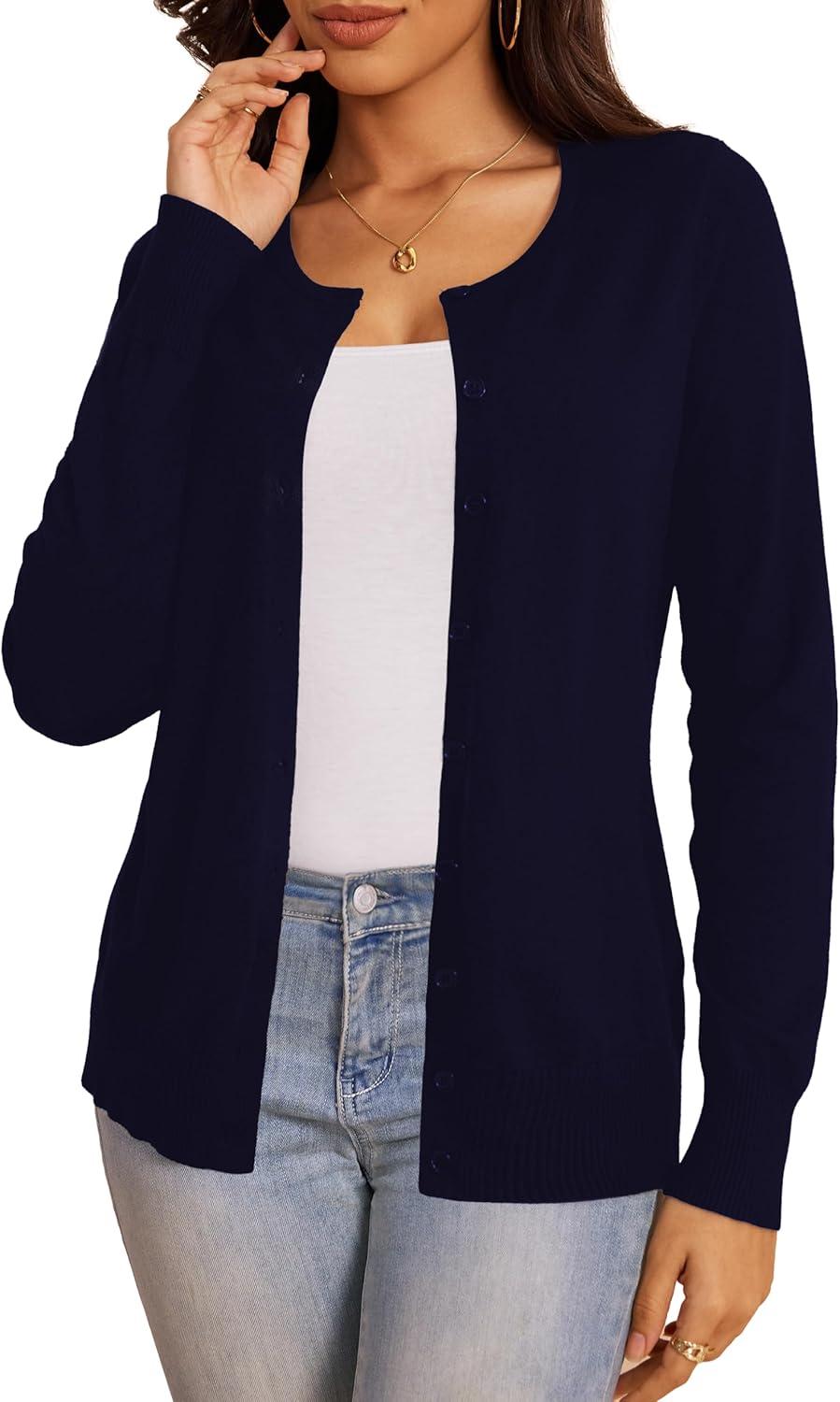 imageaJesdani Womens Button Down Crew Neck Long Sleeve Soft Knit Cardigan Sweaters01enavy