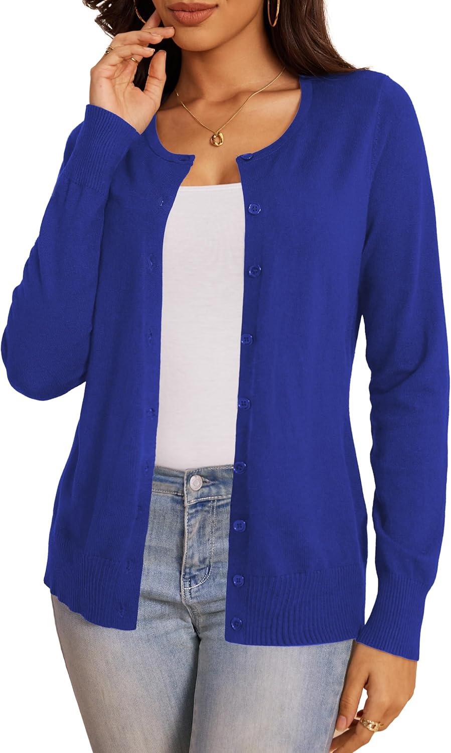 imageaJesdani Womens Button Down Crew Neck Long Sleeve Soft Knit Cardigan Sweaters01groyalblue