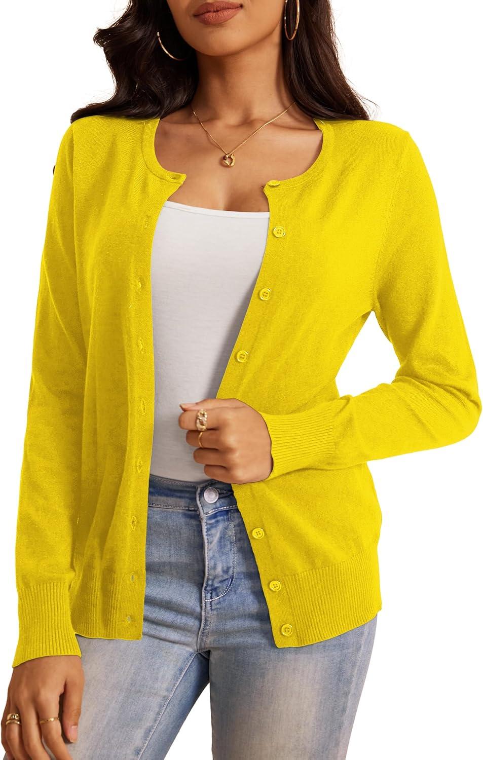 imageaJesdani Womens Button Down Crew Neck Long Sleeve Soft Knit Cardigan Sweaters01hyellow