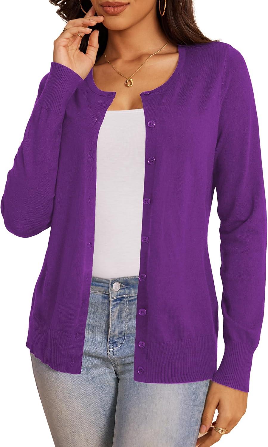 imageaJesdani Womens Button Down Crew Neck Long Sleeve Soft Knit Cardigan Sweaters01ipurple