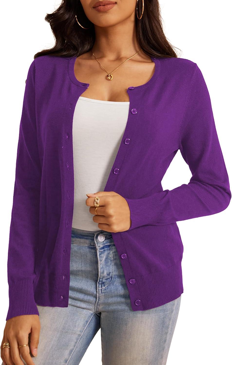 imageaJesdani Womens Button Down Crew Neck Long Sleeve Soft Knit Cardigan Sweaters01ipurple