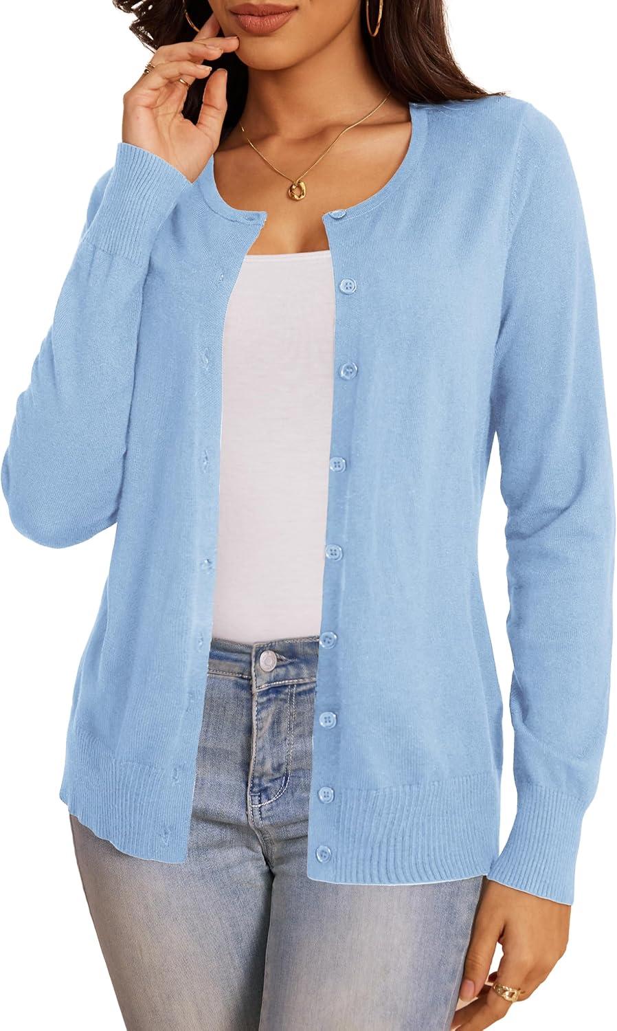 imageaJesdani Womens Button Down Crew Neck Long Sleeve Soft Knit Cardigan Sweaters01j1crew Necklight Indigo