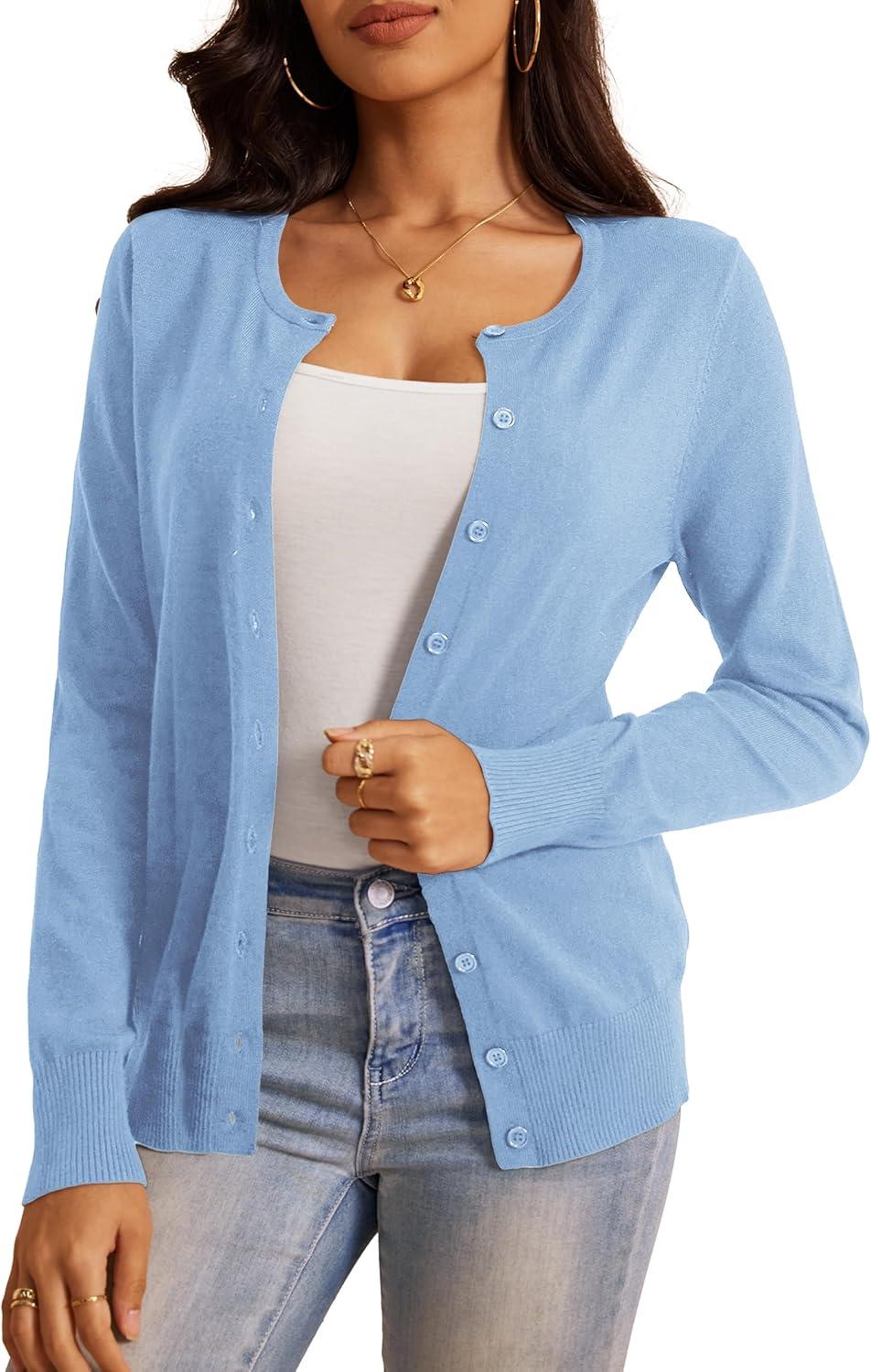 imageaJesdani Womens Button Down Crew Neck Long Sleeve Soft Knit Cardigan Sweaters01j1crew Necklight Indigo