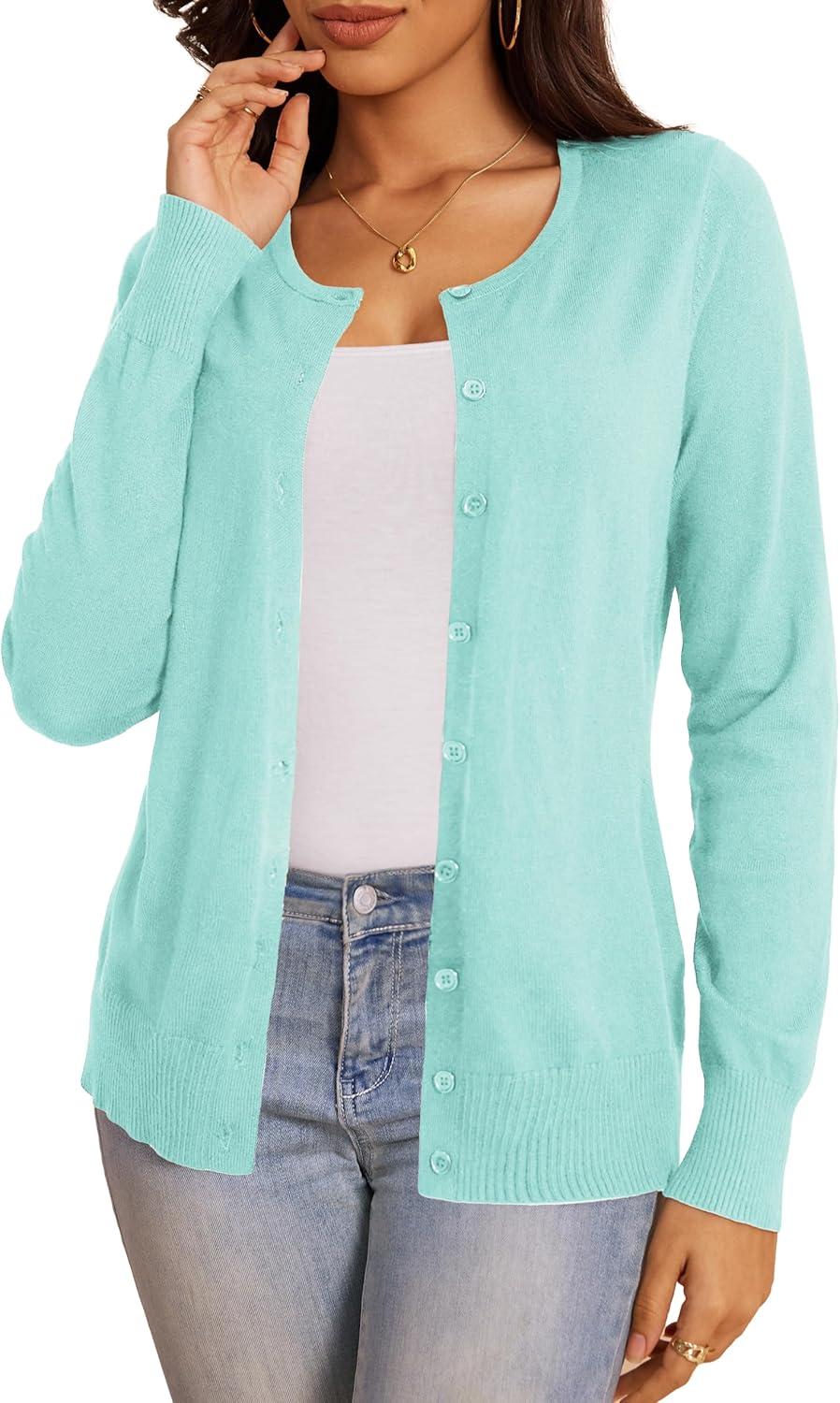 imageaJesdani Womens Button Down Crew Neck Long Sleeve Soft Knit Cardigan Sweaters01j1crew Neckmint Green