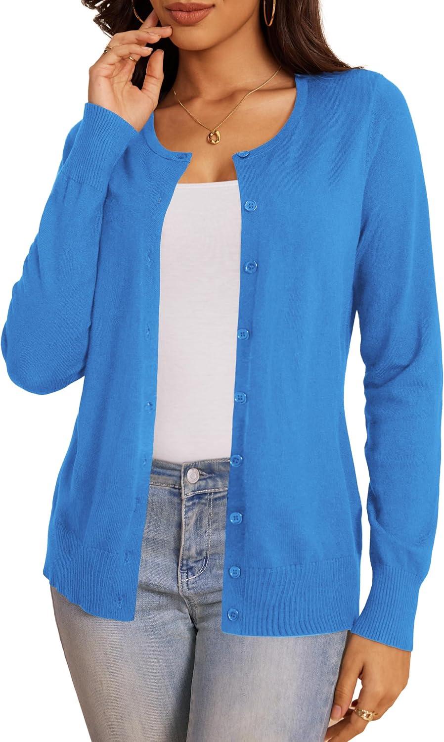 imageaJesdani Womens Button Down Crew Neck Long Sleeve Soft Knit Cardigan Sweaters01jblue