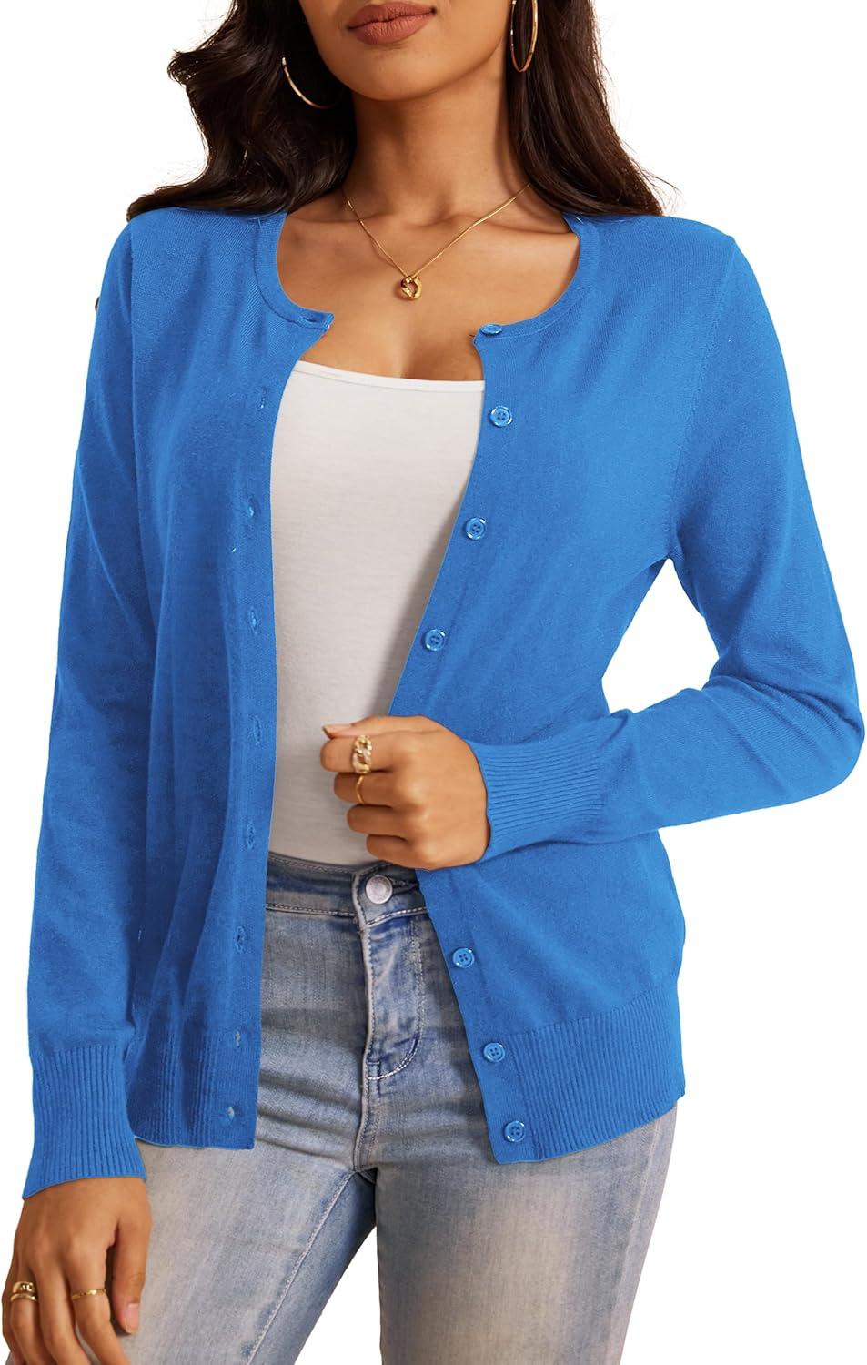 imageaJesdani Womens Button Down Crew Neck Long Sleeve Soft Knit Cardigan Sweaters01jblue