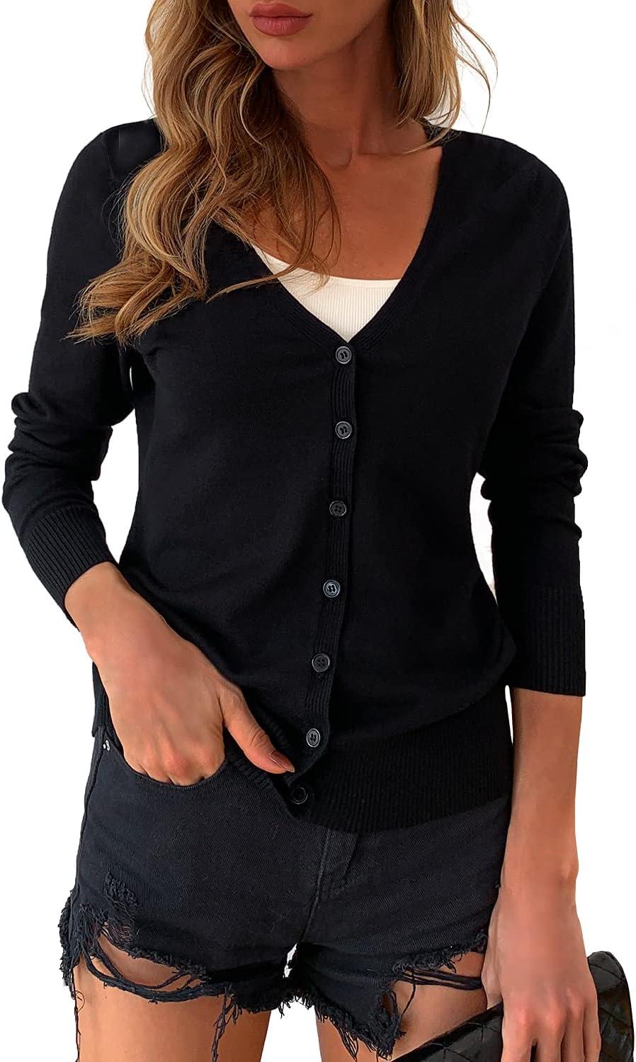 imageaJesdani Womens Button Down Crew Neck Long Sleeve Soft Knit Cardigan Sweaters01kv Neckblack