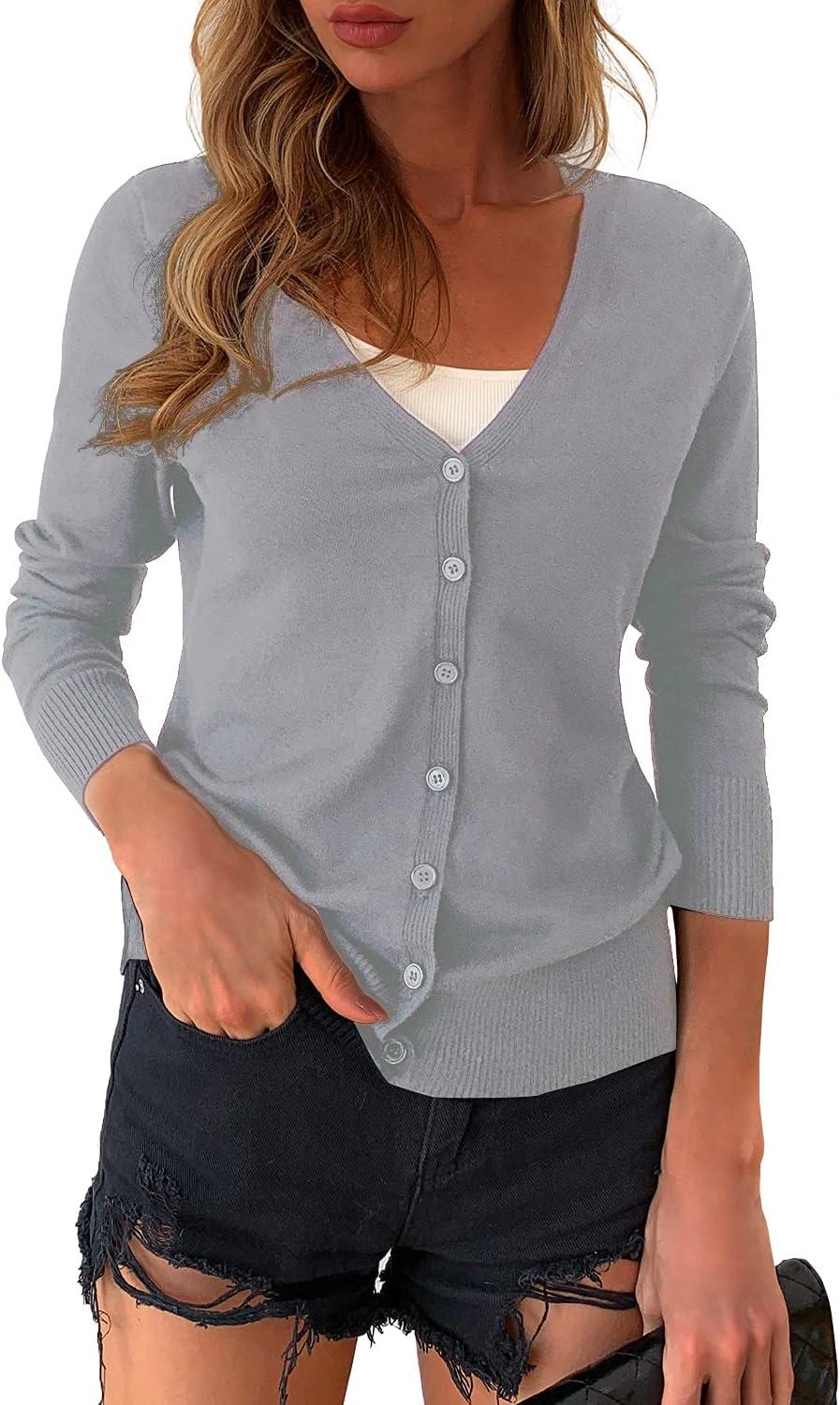 imageaJesdani Womens Button Down Crew Neck Long Sleeve Soft Knit Cardigan Sweaters01pv Necklight Gray