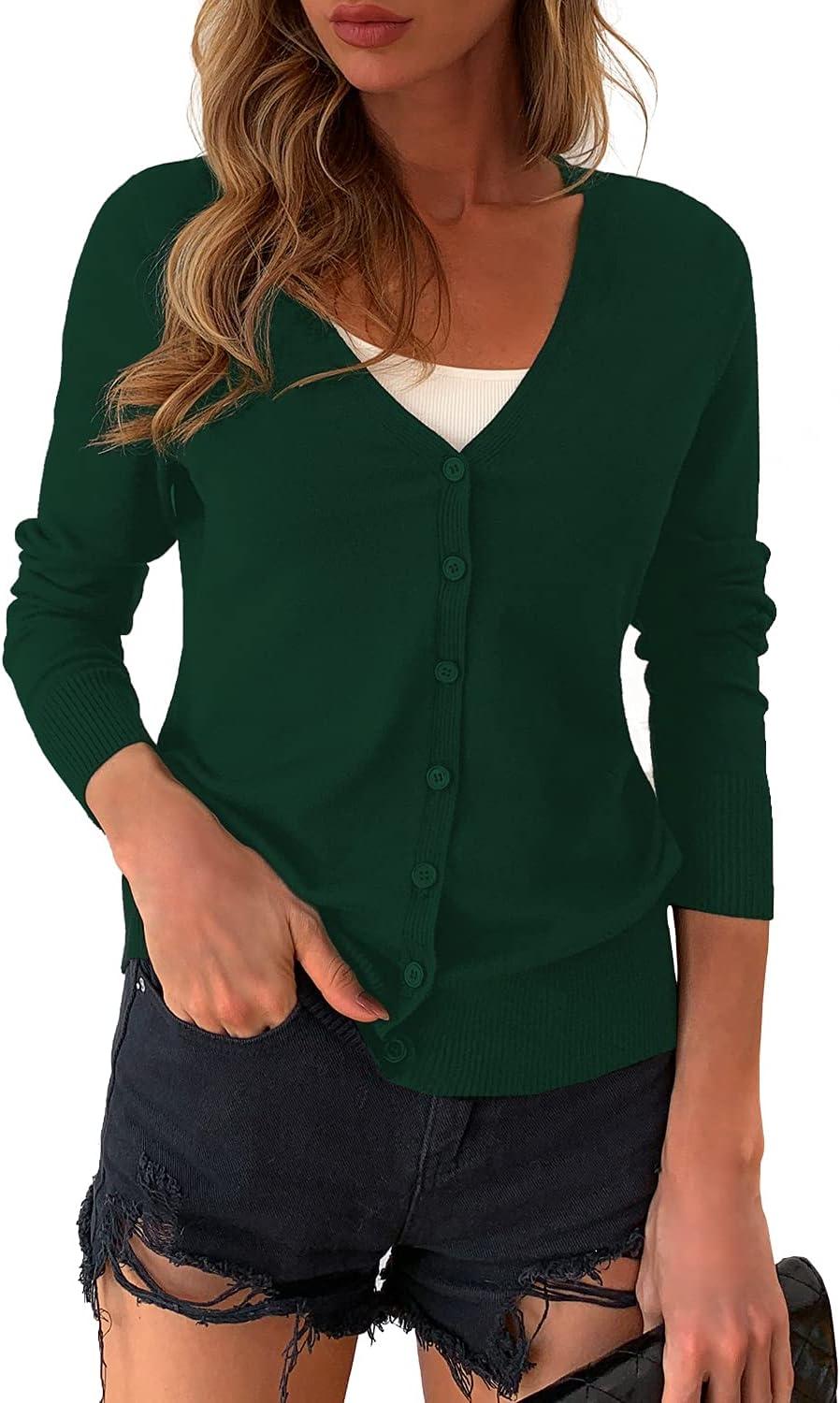 imageaJesdani Womens Button Down Crew Neck Long Sleeve Soft Knit Cardigan Sweaters01qv Neckdark Green