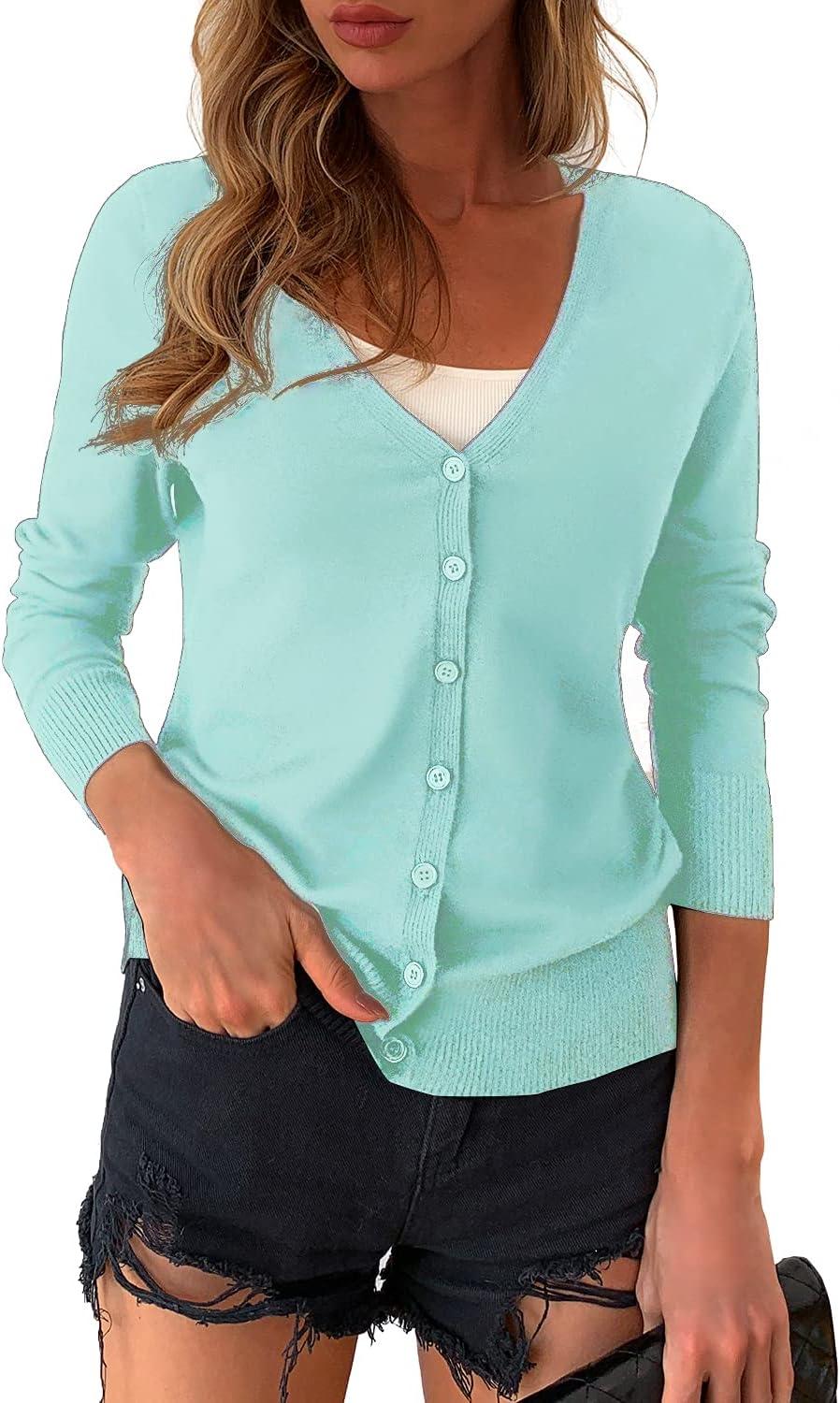 imageaJesdani Womens Button Down Crew Neck Long Sleeve Soft Knit Cardigan Sweaters01rv Neckmint Green