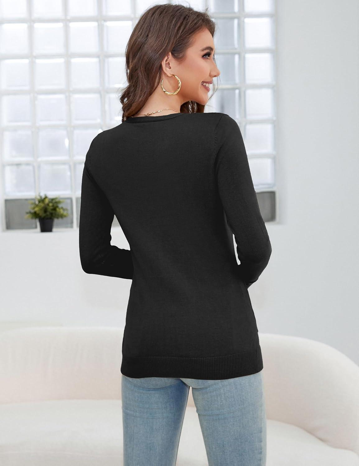 imageaJesdani Womens Button Down Crew Neck Long Sleeve Soft Knit Cardigan SweatersPocket Black