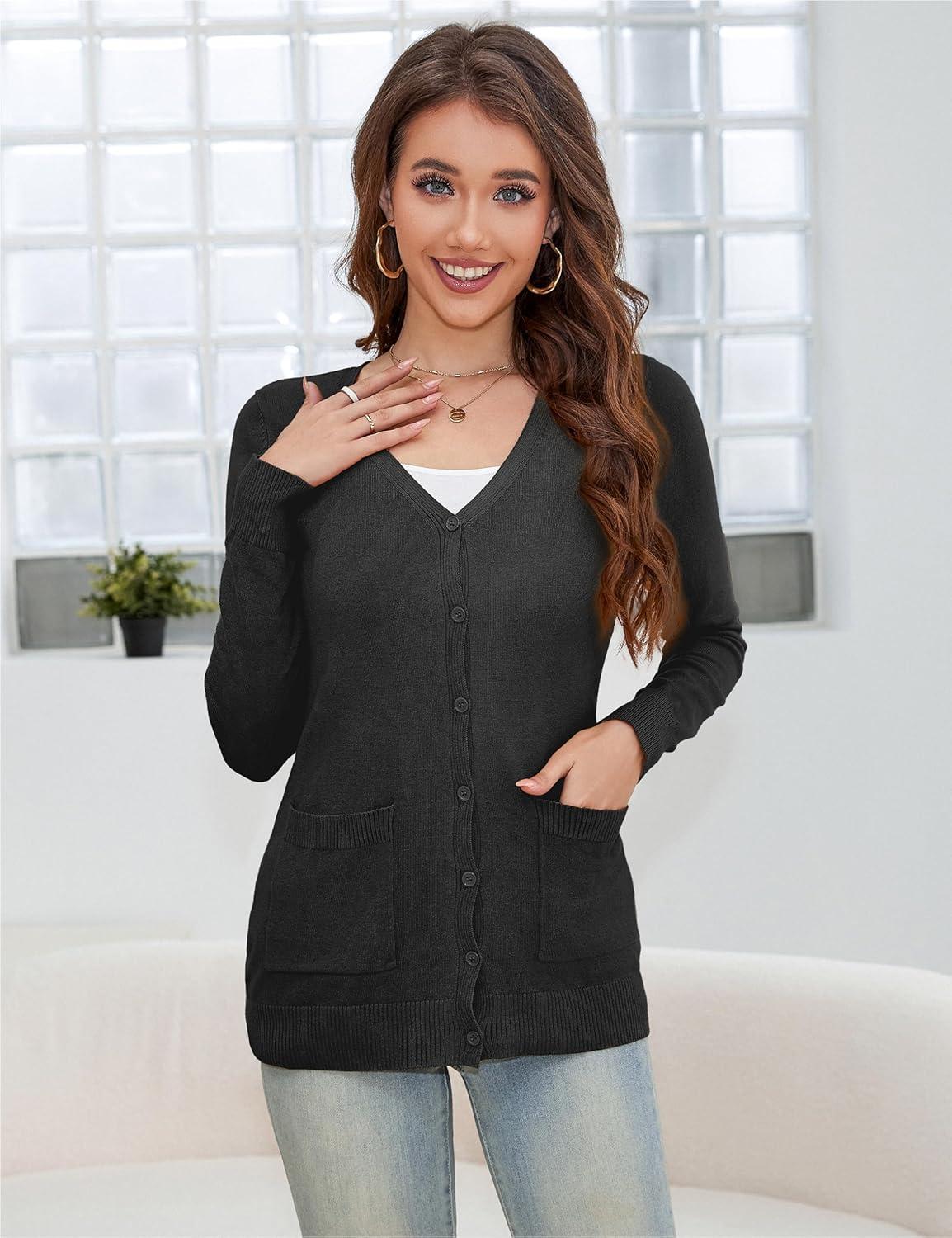 imageaJesdani Womens Button Down Crew Neck Long Sleeve Soft Knit Cardigan SweatersPocket Black