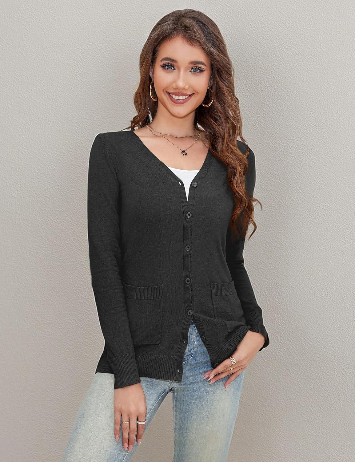 imageaJesdani Womens Button Down Crew Neck Long Sleeve Soft Knit Cardigan SweatersPocket Black
