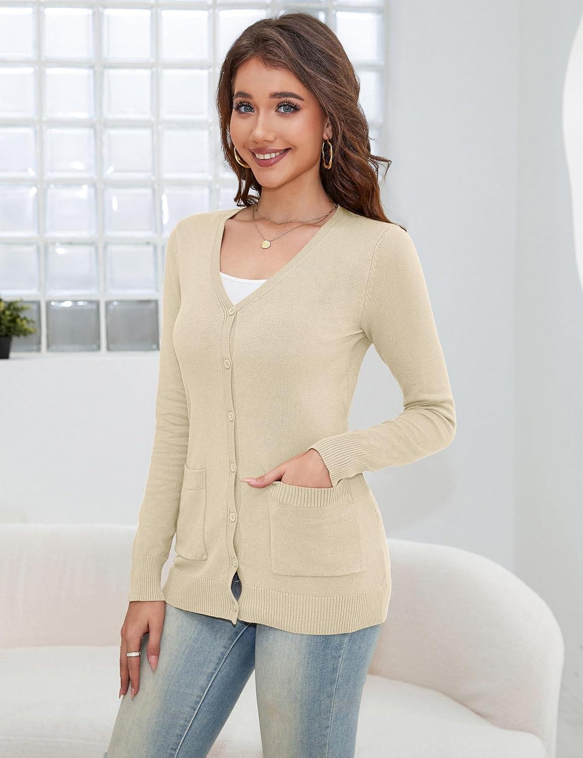 imageaJesdani Womens Button Down Crew Neck Long Sleeve Soft Knit Cardigan SweatersPocket Camel