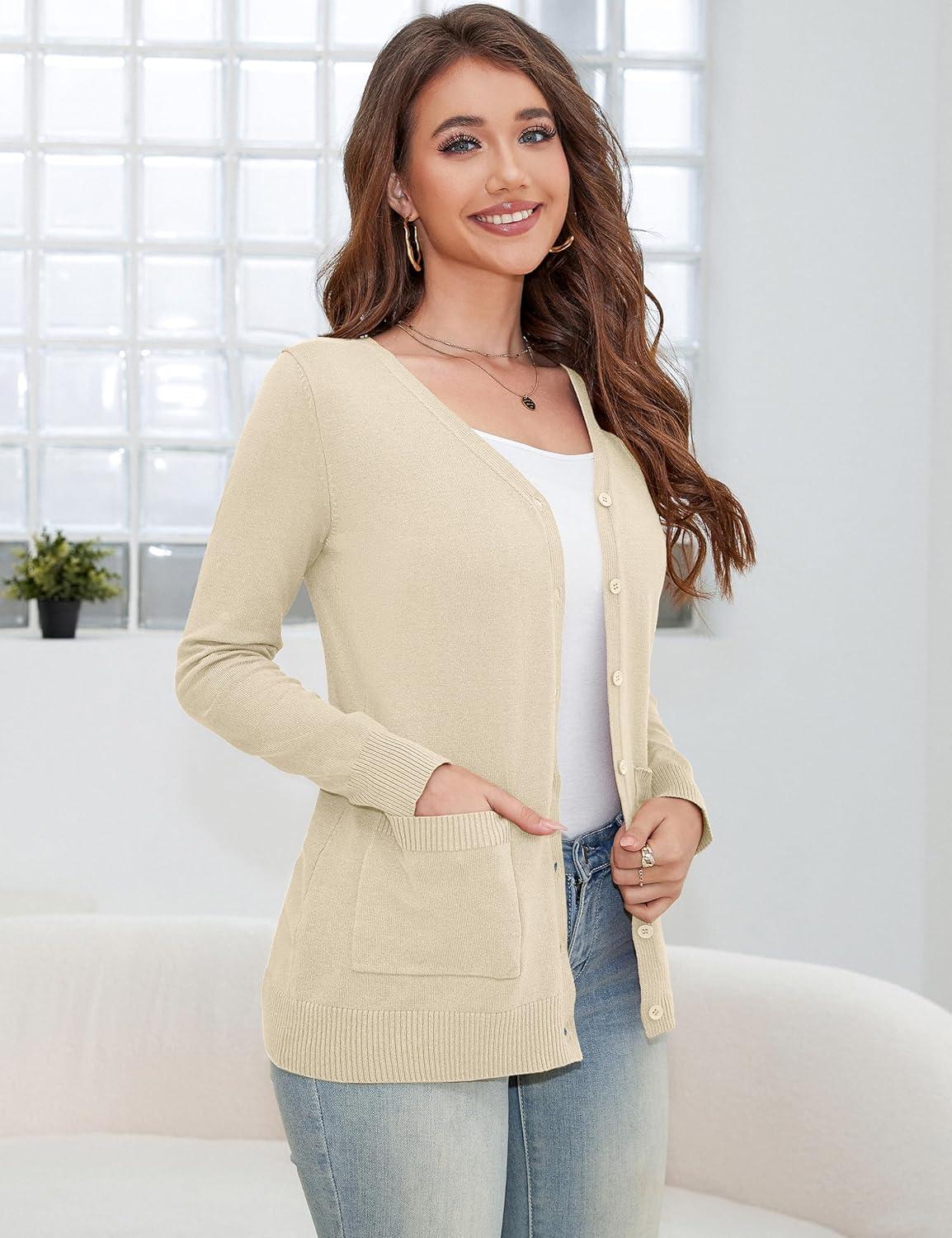 imageaJesdani Womens Button Down Crew Neck Long Sleeve Soft Knit Cardigan SweatersPocket Camel