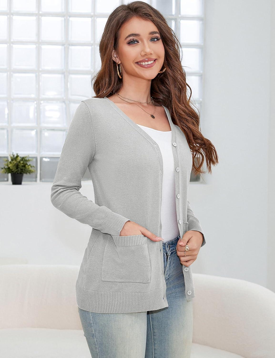 imageaJesdani Womens Button Down Crew Neck Long Sleeve Soft Knit Cardigan SweatersPocket Light Grey