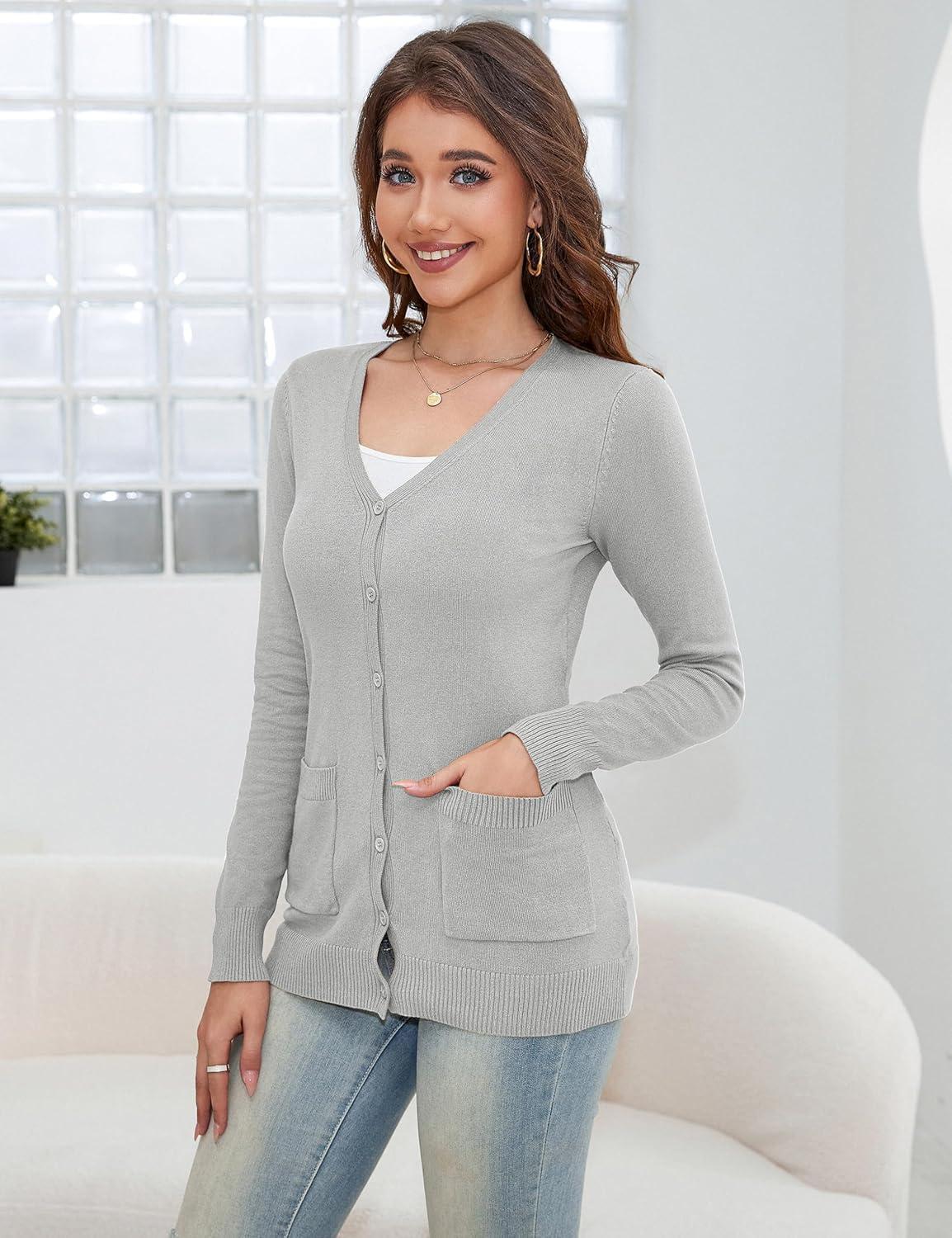 imageaJesdani Womens Button Down Crew Neck Long Sleeve Soft Knit Cardigan SweatersPocket Light Grey