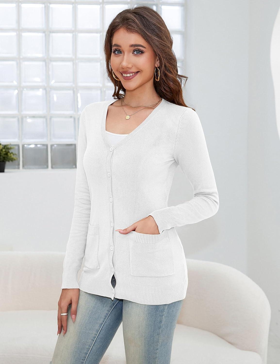 imageaJesdani Womens Button Down Crew Neck Long Sleeve Soft Knit Cardigan SweatersPocket White