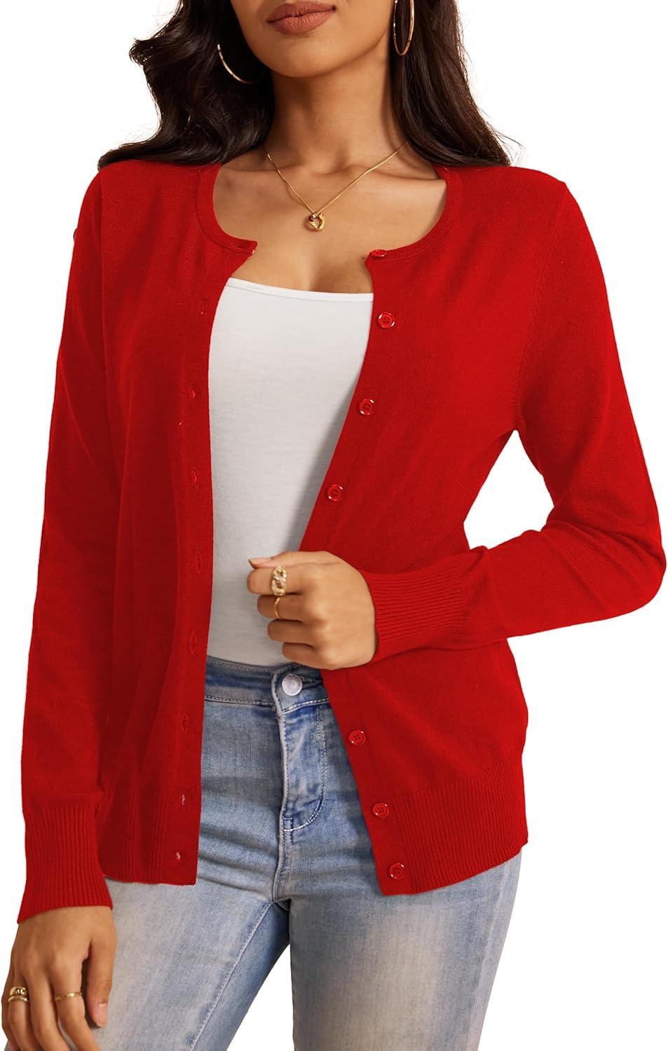 imageaJesdani Womens Button Down Crew Neck Long Sleeve Soft Knit Cardigan SweatersRed