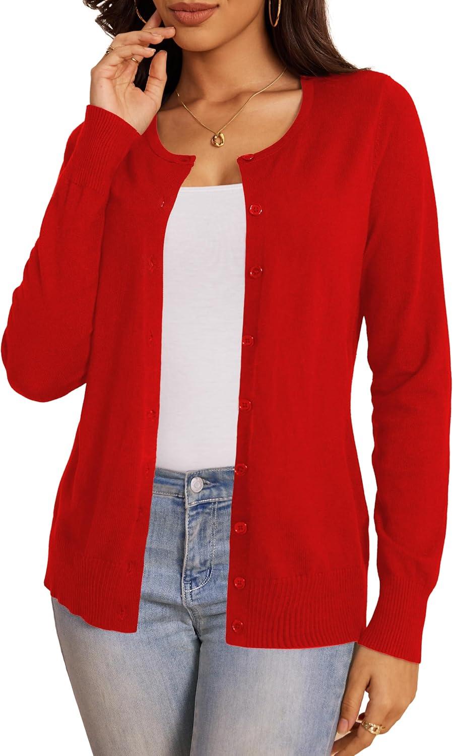 imageaJesdani Womens Button Down Crew Neck Long Sleeve Soft Knit Cardigan SweatersRed