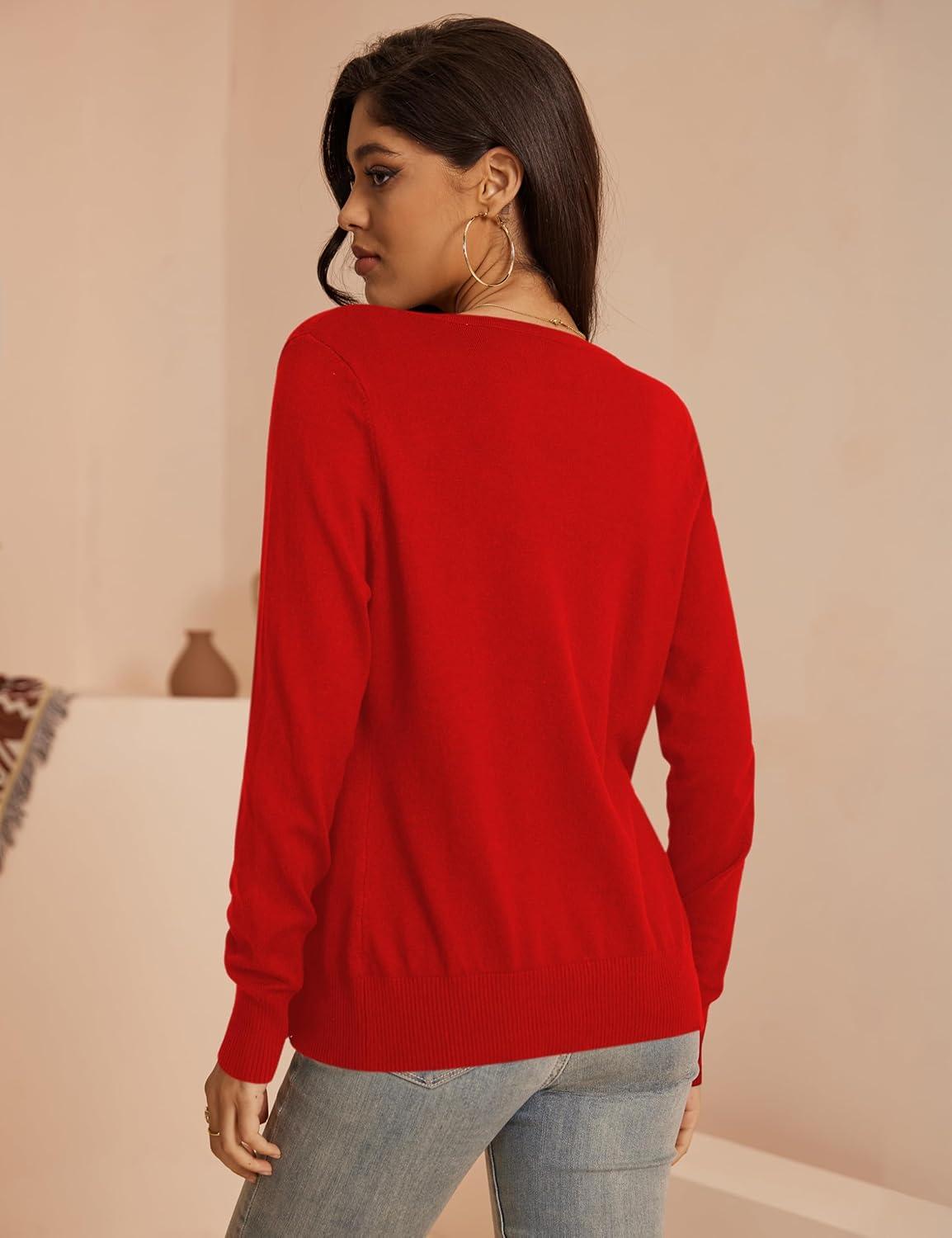 imageaJesdani Womens Button Down Crew Neck Long Sleeve Soft Knit Cardigan SweatersRed