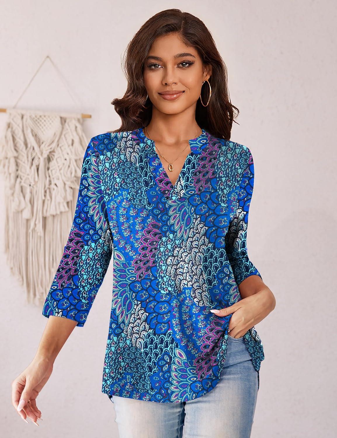 imageaJesdani Womens Plus Size Zip Front 34 Sleeve Shirts V Neck Blouses Tunic Top1 Peacock Print