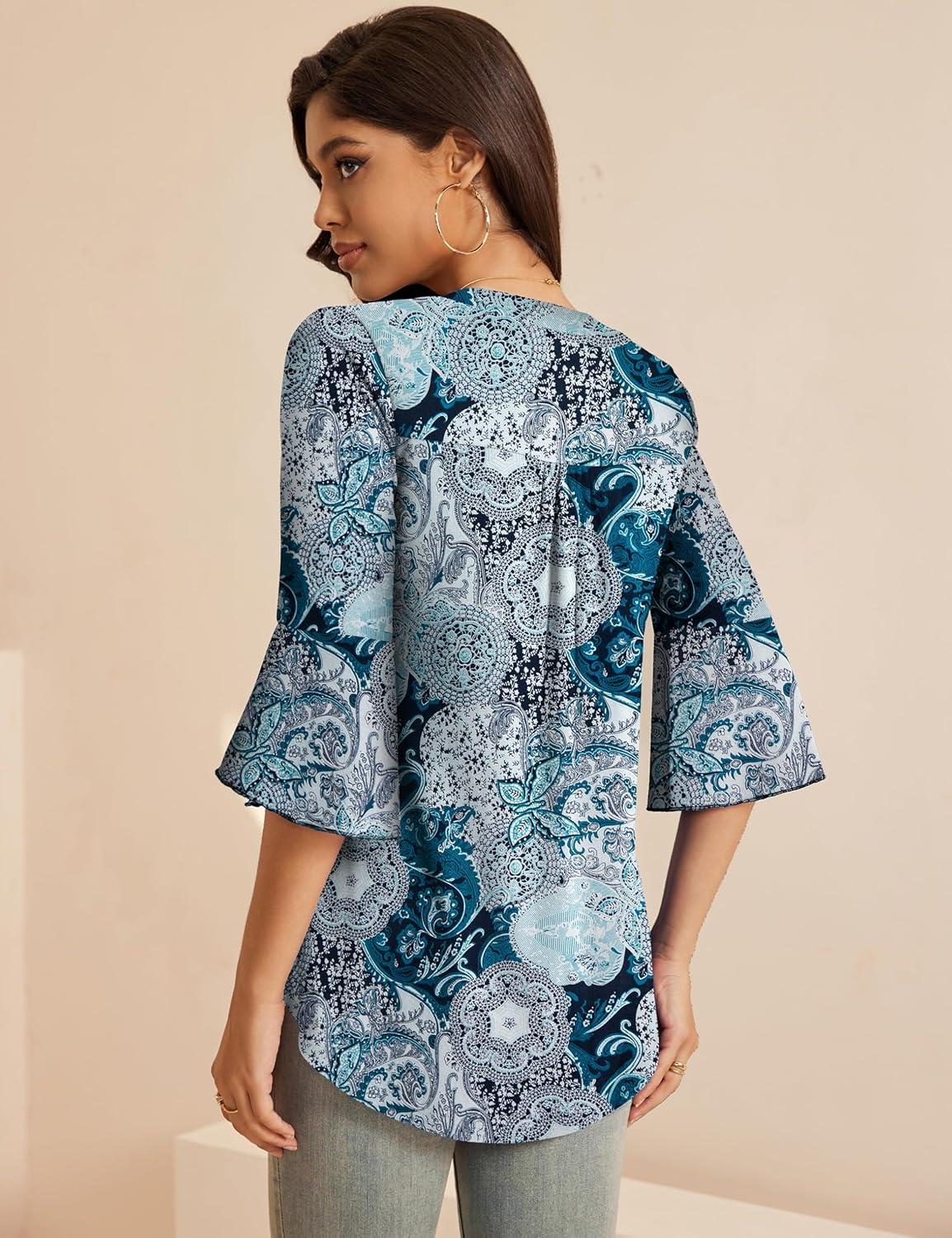 imageaJesdani Womens Plus Size Zip Front 34 Sleeve Shirts V Neck Blouses Tunic TopY Blackblue Flower