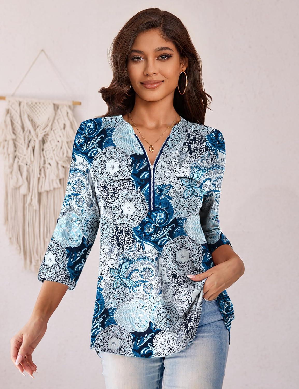 imageaJesdani Womens Plus Size Zip Front 34 Sleeve Shirts V Neck Blouses Tunic TopZ Blackblue Flower