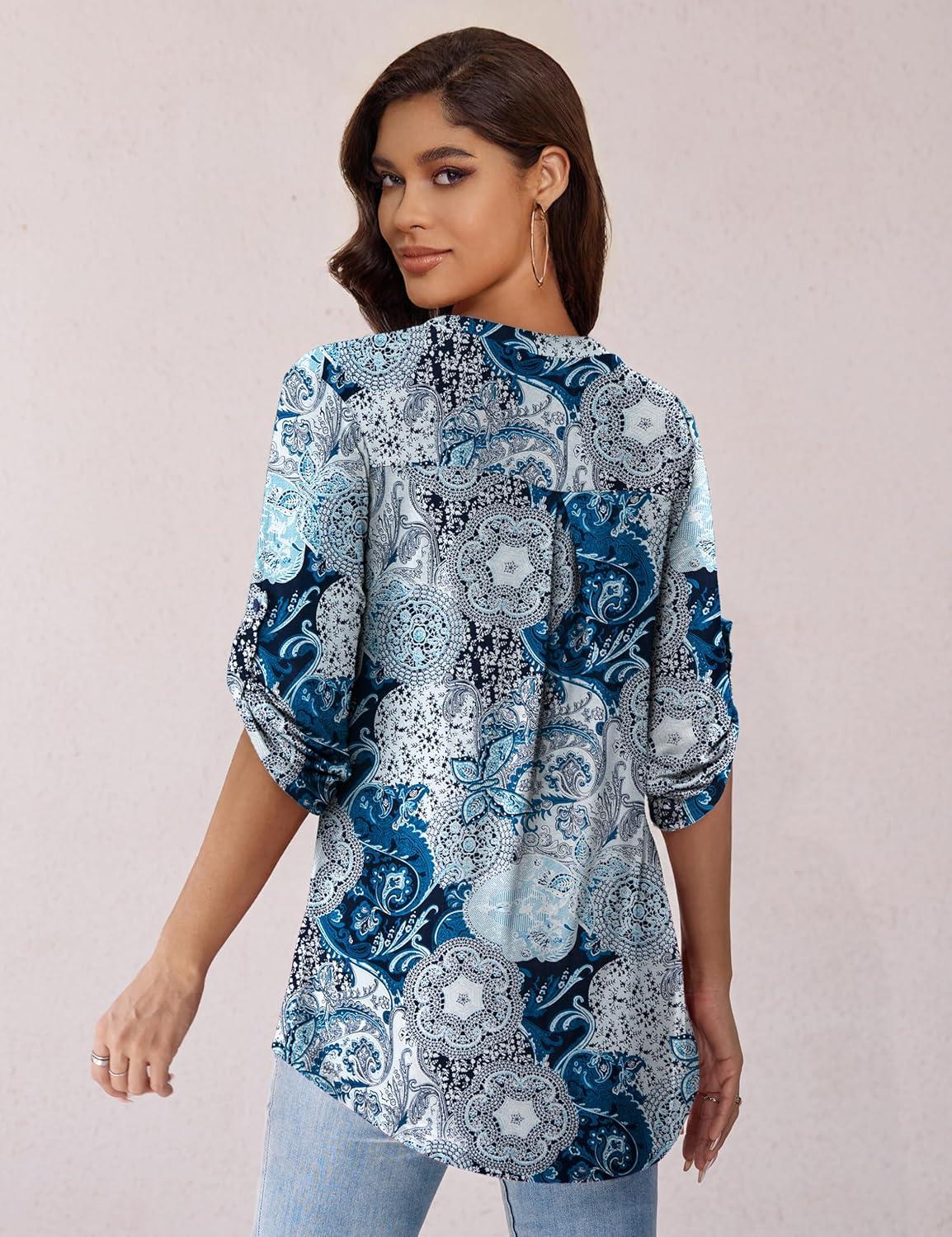 imageaJesdani Womens Plus Size Zip Front 34 Sleeve Shirts V Neck Blouses Tunic TopZ Blackblue Flower