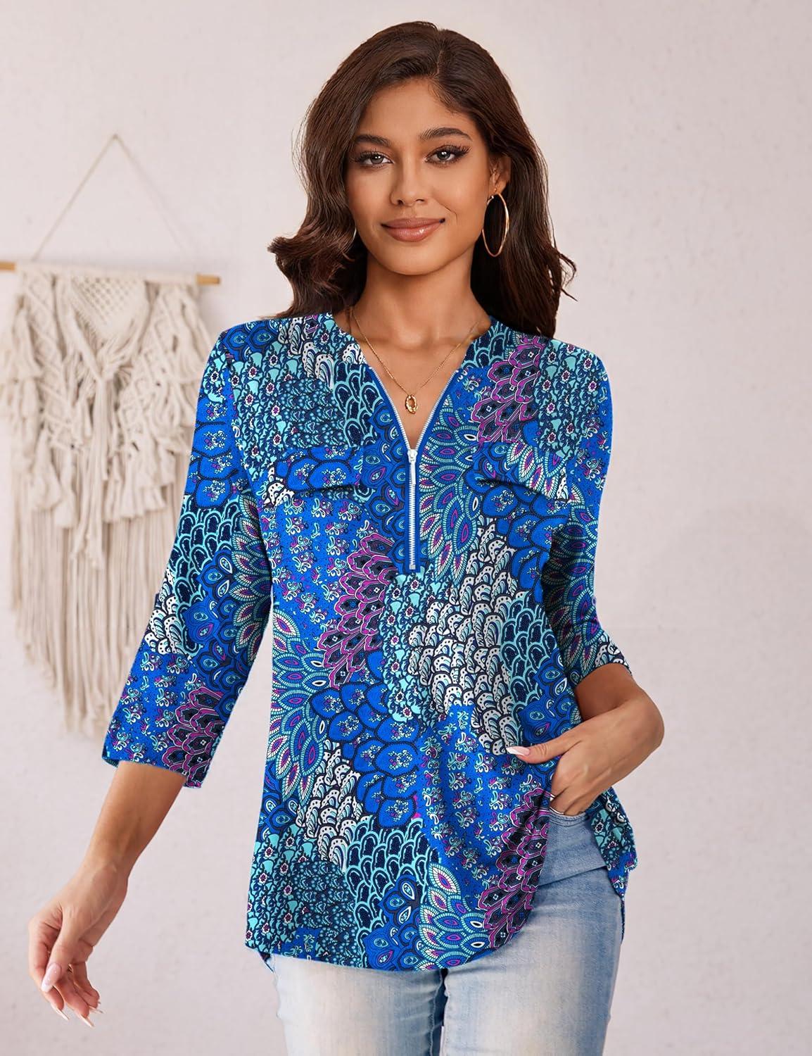 imageaJesdani Womens Plus Size Zip Front 34 Sleeve Shirts V Neck Blouses Tunic TopZ Peacock Print