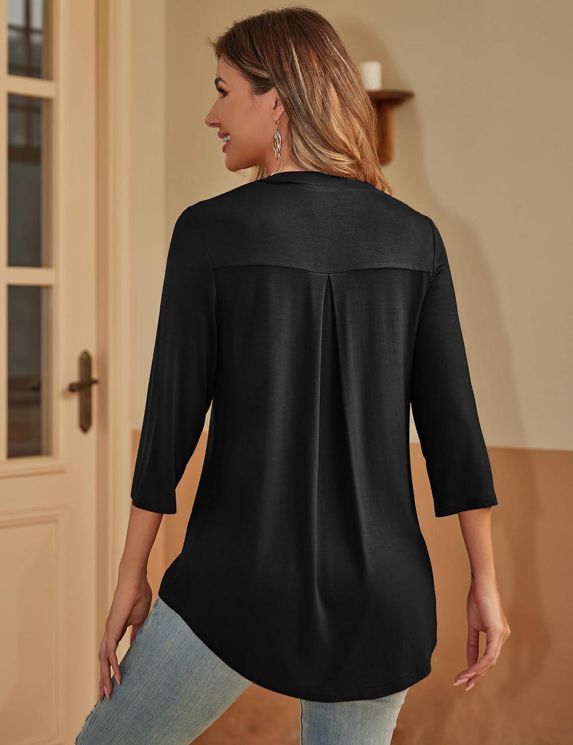 imageaJesdani Womens Plus Size Zip Front 34 Sleeve Shirts V Neck Blouses Tunic TopZ1 Black