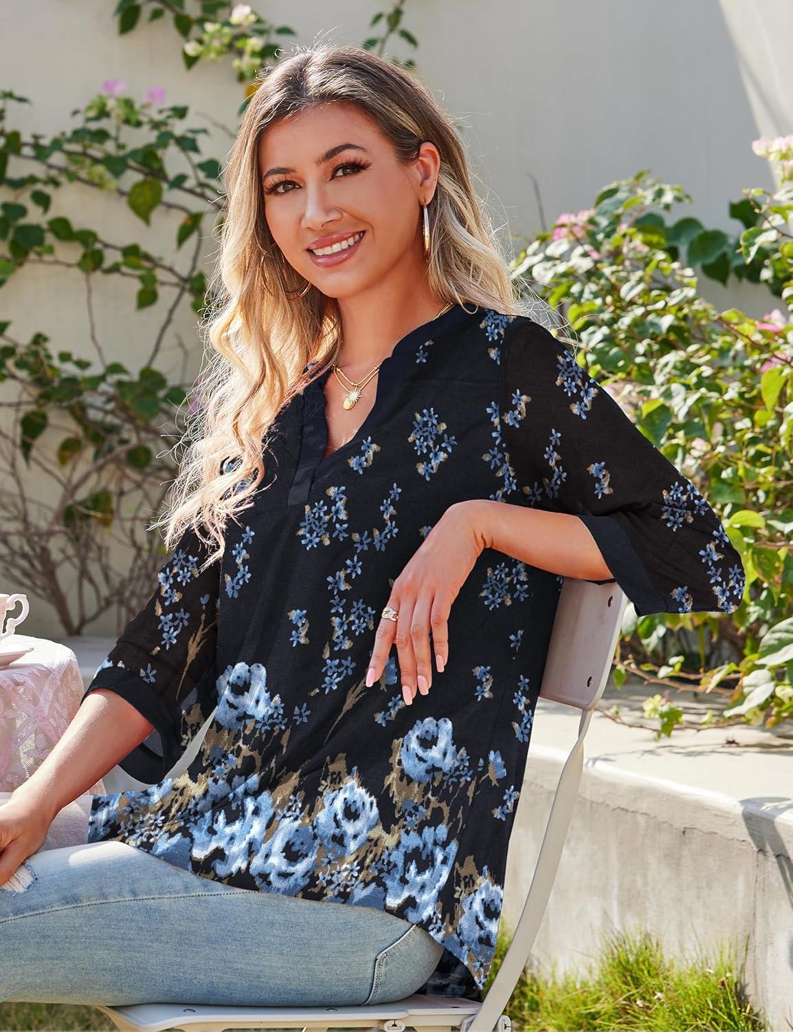 imageaJesdani Womens Plus Size Zip Front 34 Sleeve Shirts V Neck Blouses Tunic TopZ14 Color 368