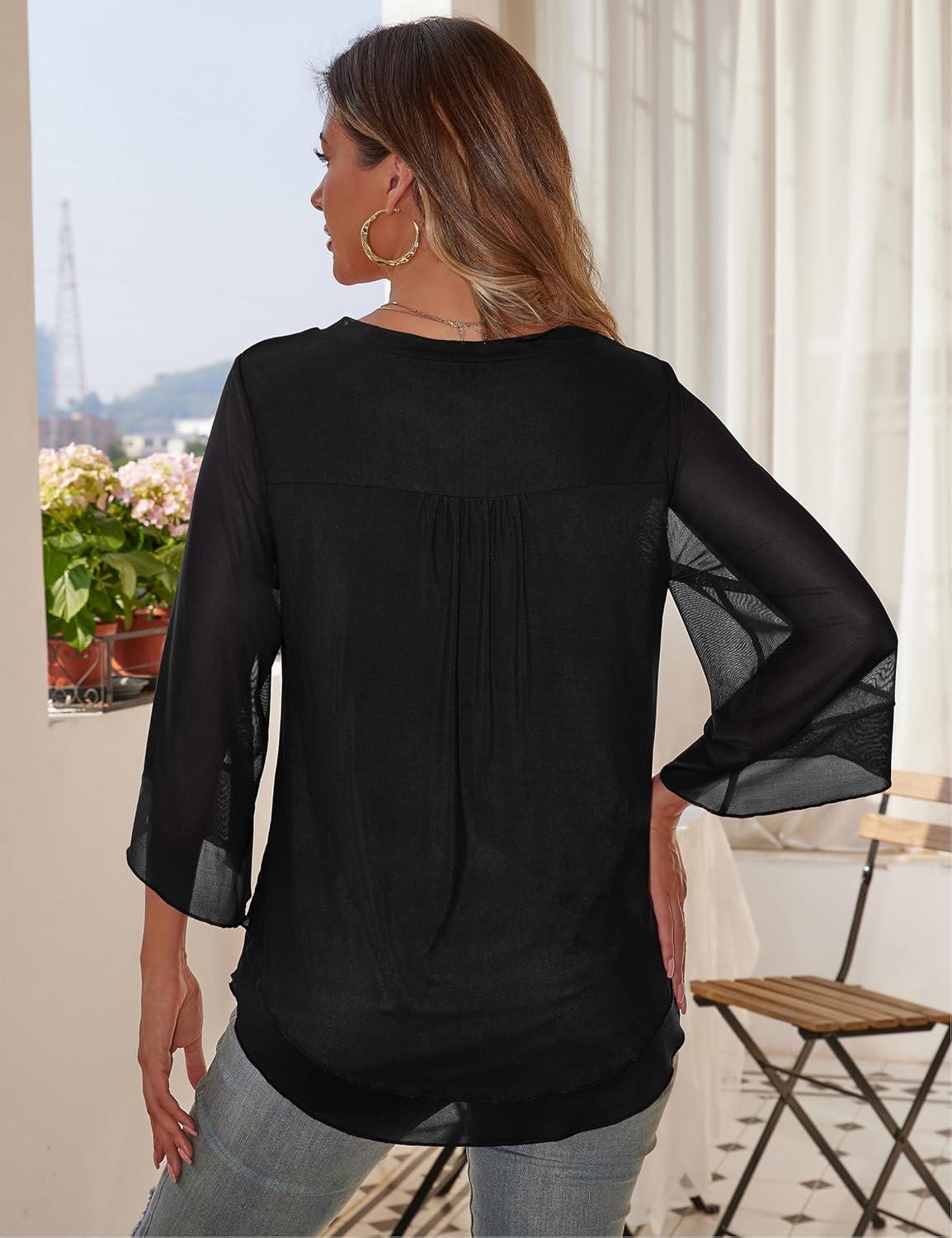 imageaJesdani Womens Plus Size Zip Front 34 Sleeve Shirts V Neck Blouses Tunic TopZ2 Black