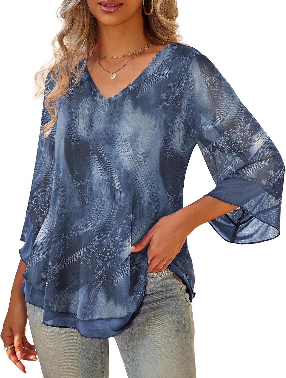 imageaJesdani Womens Plus Size Zip Front 34 Sleeve Shirts V Neck Blouses Tunic TopZ3 Color 365