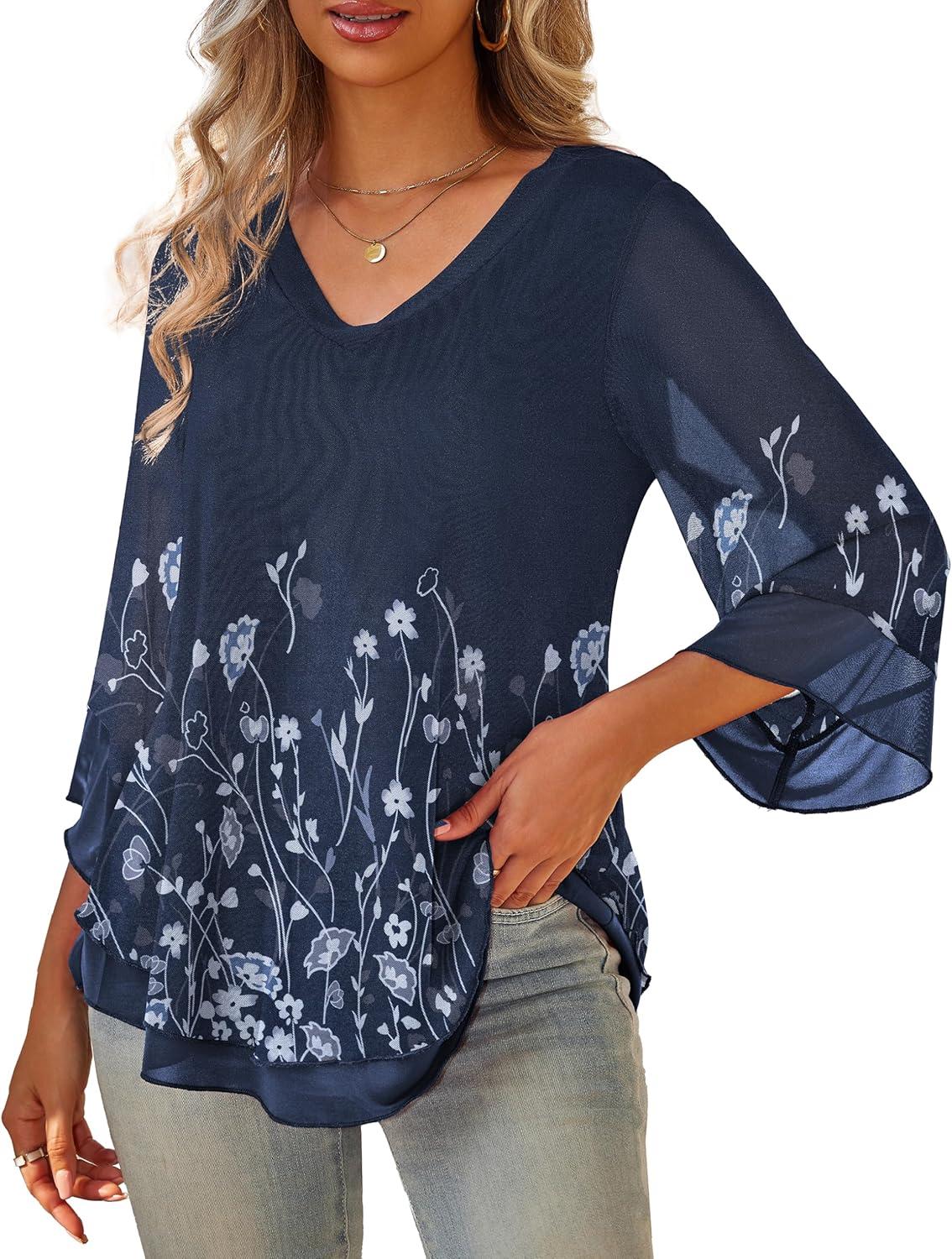 imageaJesdani Womens Plus Size Zip Front 34 Sleeve Shirts V Neck Blouses Tunic TopZ5 Acolor 367