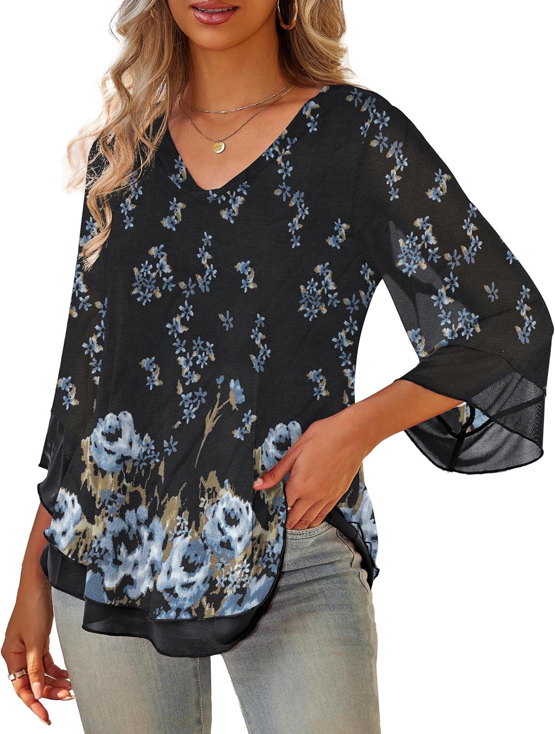 imageaJesdani Womens Plus Size Zip Front 34 Sleeve Shirts V Neck Blouses Tunic TopZ6 Color 368