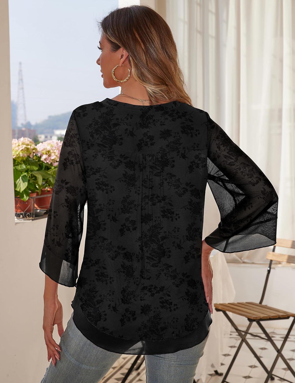 imageaJesdani Womens Plus Size Zip Front 34 Sleeve Shirts V Neck Blouses Tunic TopZ8 Black Velvet Floral