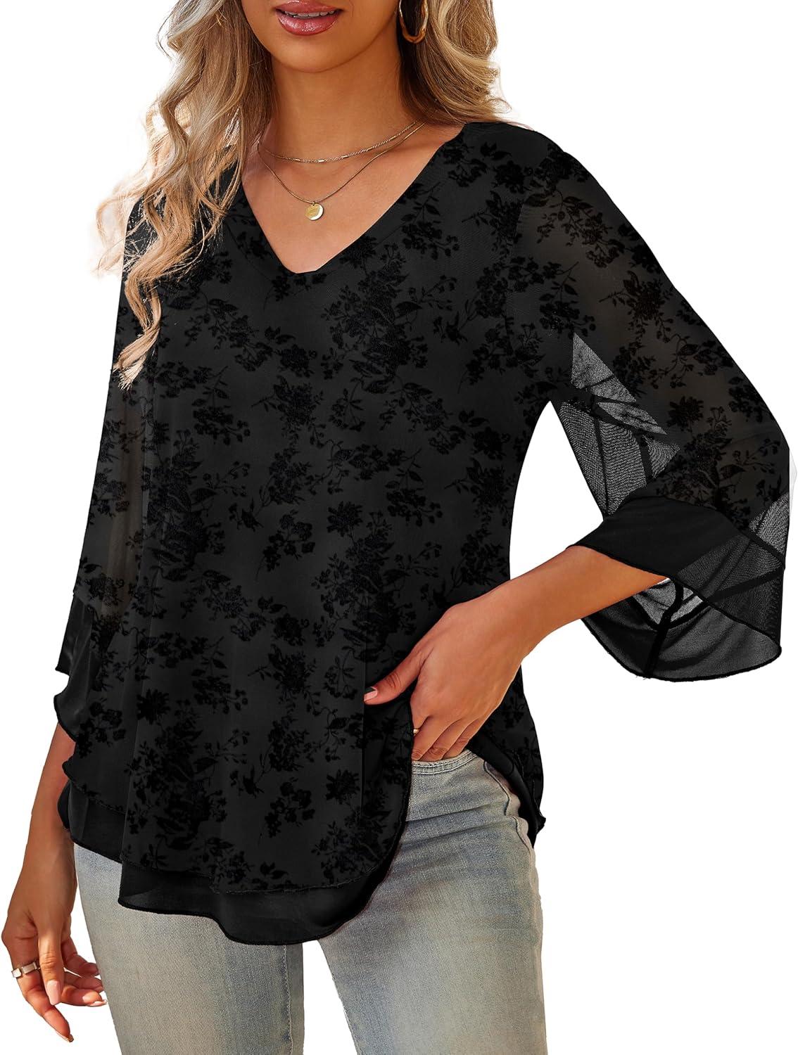imageaJesdani Womens Plus Size Zip Front 34 Sleeve Shirts V Neck Blouses Tunic TopZ8 Black Velvet Floral