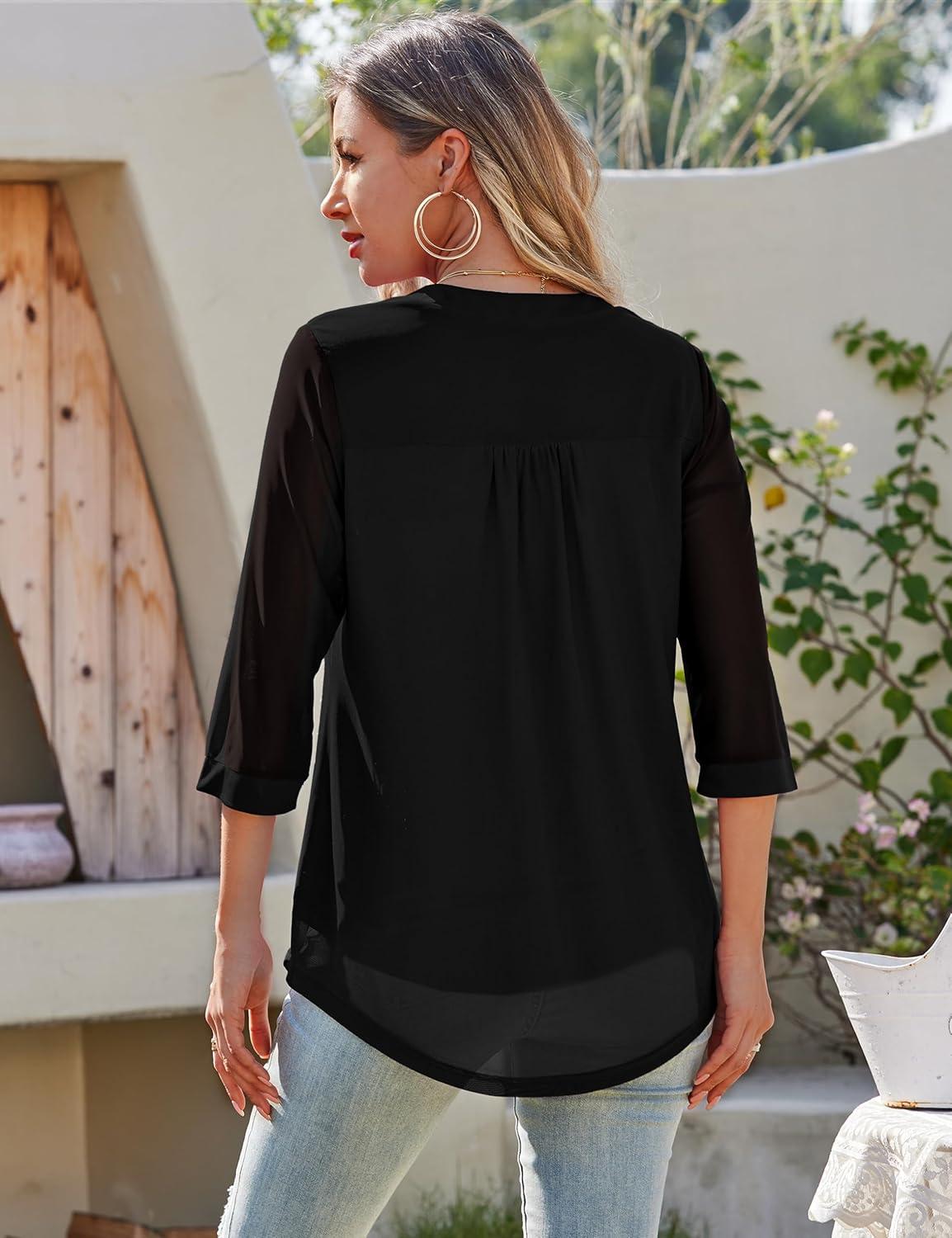 imageaJesdani Womens Plus Size Zip Front 34 Sleeve Shirts V Neck Blouses Tunic TopZ9 Black