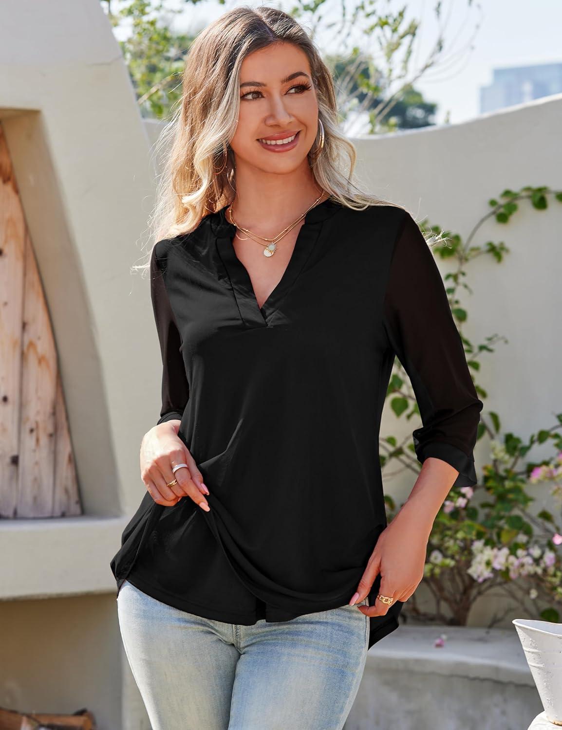 imageaJesdani Womens Plus Size Zip Front 34 Sleeve Shirts V Neck Blouses Tunic TopZ9 Black