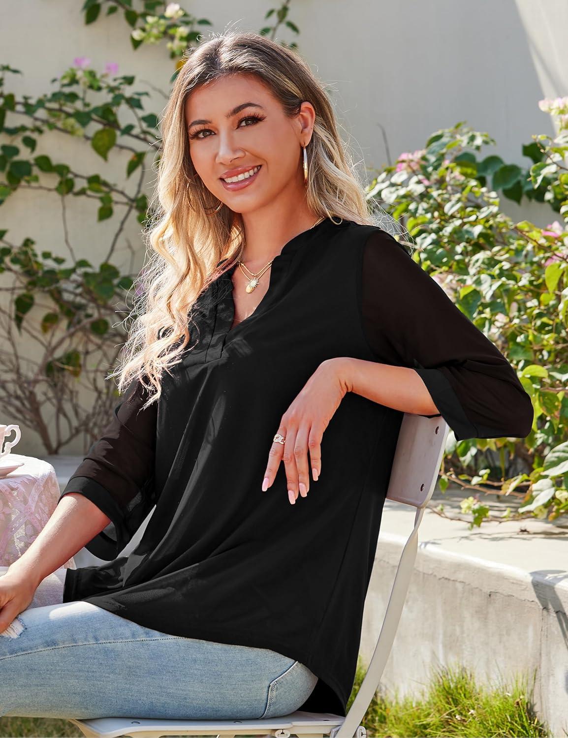 imageaJesdani Womens Plus Size Zip Front 34 Sleeve Shirts V Neck Blouses Tunic TopZ9 Black