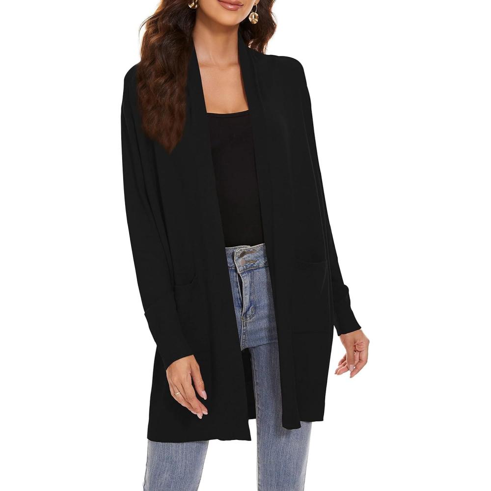 imageHuuloo Womens Open Front Long Shawl Cardigan Sweater with PocketsBlack