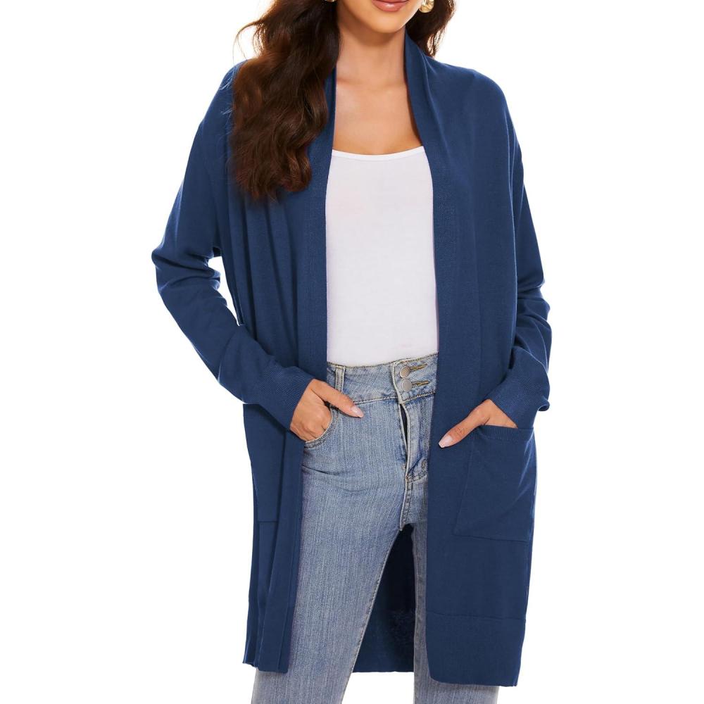 imageHuuloo Womens Open Front Long Shawl Cardigan Sweater with PocketsNavy Blue