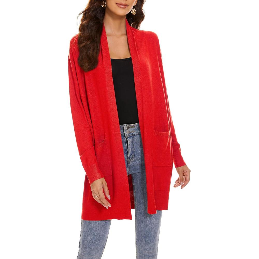 imageHuuloo Womens Open Front Long Shawl Cardigan Sweater with PocketsRed